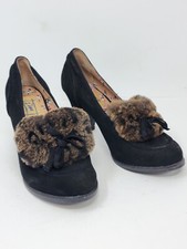 Miss L Fire Womens EU 36 US 6 Black Suede Loafer Heels Pumps Brown Faux Fur 