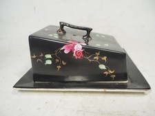 Antique? / Vintage Ceramic Butter/Cheese Dish Black with Pink Roses