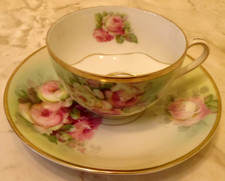 Antique German Porcelain Mustache Tea Cup & Saucer Set - Pink White Red Roses