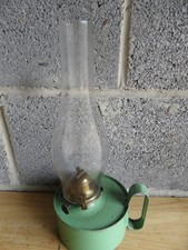 Vintage Olive Green Hand Held Paraffin Oil Lamp W/Glass Chimney Made in England