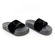 Christian Louboutin 'Navy Pool' Slide Sandals Size 37 US 7 Black Velvet Logo 32