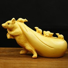 5" BoxWood Hand Carved Chinese Zodiac Wealth Animal Mouse Rat Mice Family