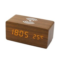 Wooden Digital LED Desk Clock with Wireless Phone Charging (Qi-Compatible)