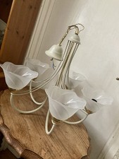 Vintage 5 Arm Chandelier, Frosted Glass Flower Shades, Shabby Chic- 24” Drop