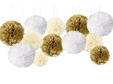 12PCs Tissue Paper Pom Poms White Gold Ivory Pompom Birthday Wedding(8"+10")