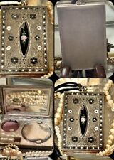 Vtg 1930 Silver Enamel Floral ArtDeco Hinged Makeup Powder Compact Mirror Wrist
