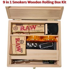 9 in 1 Smokers Wooden Rolling Box Kit Collection with King Size Raw Papers UK
