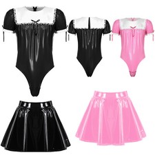 Mens Sissy PVC Wet Look Leather Maid Cosplay Costume Servant Bodysuit with Skirt