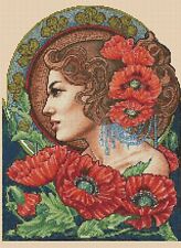 art deco lady and Poppies Cross stitch chart Art Deco Lady 379 FlowerPower37-Uk
