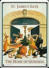 Guinness St James Gate / Gilroy characters metal postcard 11cm x 8cm