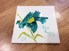Beautiful Vintage HAND PAINTED BLUE POPPY Flower Foral TILE (6in x 6in)