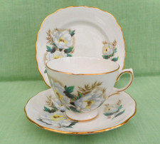 Vintage Crown Royal bone china tea trio - tea cup, saucer & plate - white roses