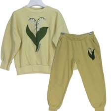 Mini Rodini Girls Tracksuit Outfit Set Yellow Embroidered Lilly Of the Valley