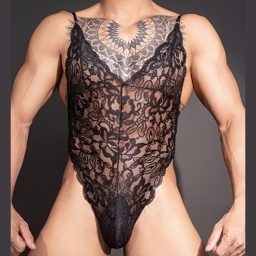 New mens black lace bodysuit - black,