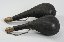 Pair Antique North African Bedouin Camel Scrotum Tooled Leather Powder Flasks