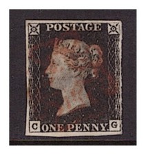 SG2 1d Penny Black plate 4 C-G corner letters. Four margins, red Maltese Cross.