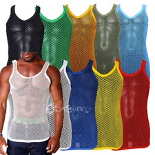 Mens String Mesh Vest Fitted 100% Cotton Gym Training Tank Top T shirt Fish Net