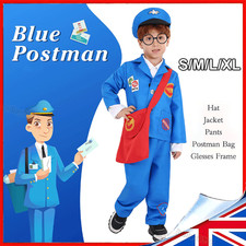 Postman Blue Outfits with Hat Red Mail Bag Glasses Kids Mailman Career Costume