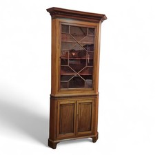 Antique glazed corner cabinet - tall inlaid mahogany display cabinet with key