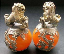 A PAIR CHINESE CARVED JADE & SILVER DRAGON FOO DOGS STATUE