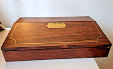 1800s Antique Georgia Rosewood Brass Inlaid Writing Slope Lap Desk Box & extras