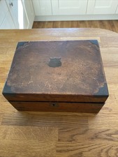 Antique Wooden Writing Slope Box with Brass Corners For Restoration Lock, No Key