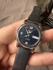 Seiko 5 Automatic 21 Jewels Blue Dial Japan Made Black Leather Strap