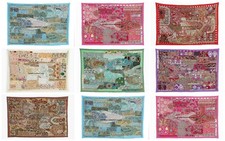 INDIAN EMBROIDERED VINTAGE BEADS ZARI WORK WALL HANGING HAND TAPESTRY DECOR ART