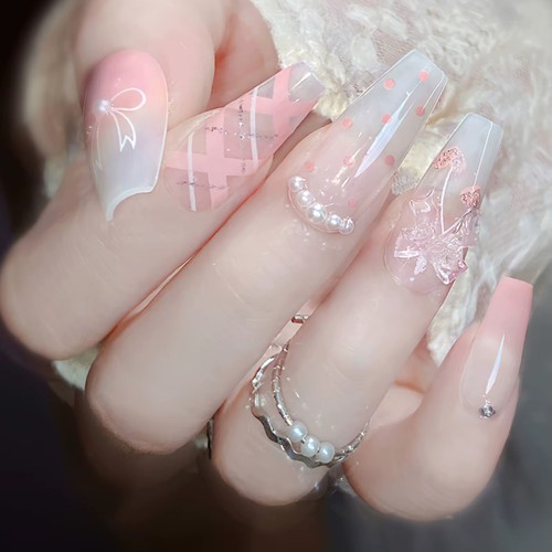 Blush pink false nails bowknot - blush,