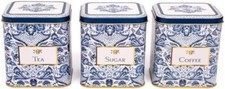 3 pc Tea Coffee Sugar Enamel Screen Printed Storage Canisters Tins UK STOCK