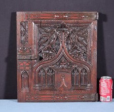 Antique French Solid Oak Highly Carved Neo Gothic Door w/Hinges and Latch