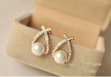 Pearl Gold Earrings Crystal Drop Cubic Zirconia Stud Cluster Bridal Gold UK