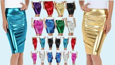 Ladies Wetlook PVC Metallic Leather Shiny Liquid High Waist Pencil Midi Skirt