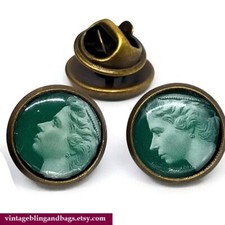 Handmade Queen Elizabeth ii tie tack, Green Postage Stamp Lapel Pin, Tie Tack