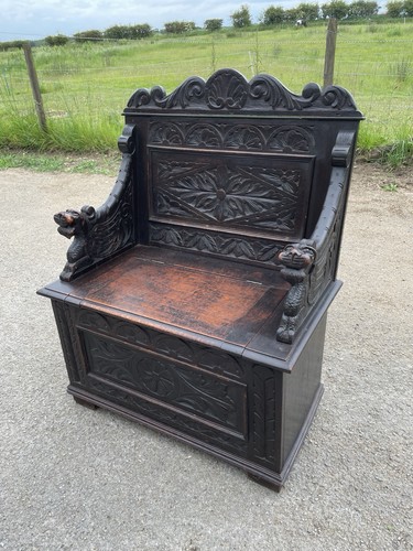 C19th carved oak - box, settle