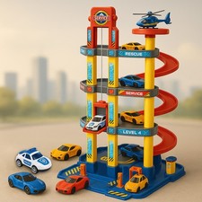 Toy Car Garage 4-Multi Storeys Car Parking Elevator Helipad Ramp Tracks Playset