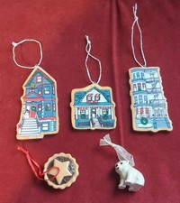 Christmas Tree Decorations Wooden Victorian Houses + Mince Pie & Polar Bear