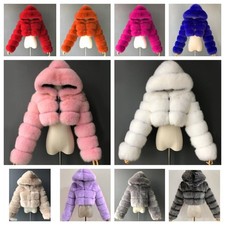 NEW Women Faux Fur Hood Shaggy Short Jacket Winter Cropped Top Coat Warm Outwear