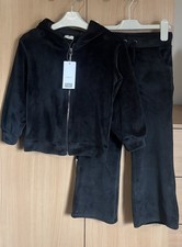 F&F Girls Black Velour Tracksuit Age 5-6 Years Zip Up Hoodie And Joggers Set