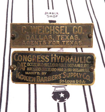 1911 Koken Congress Hydraulic Oak Barber Chair & Weichsel Dallas Brass Plates