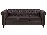 Vintage Faux Leather 3 Seater Sofa Dark Brown Buttoned Scroll Arms Chesterfield