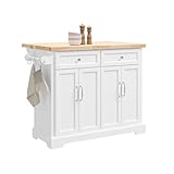 SoBuy Kitchen Island on Wheels Rolling Kitchen Storage Trolley with Extendable Rubber Wood Worktop, 2 Drawers and Adjustable Shelves for Dining Room, Breakfast Bar White 115x(46-71)x92 cm FKW71-II-WN