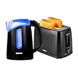 Geepas 650W 2 Slice Bread Toaster & 2200W Illuminating Electric Kettle Combo Set - 1.7L Cordless Jug Kettle for Hot Water Tea, Toaster with 6 Level Browning Control, Cancel - 2 Year Warranty Black
