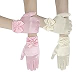 SAIIURV 2 Pairs Little Girls Short Princess Satin Gloves with Bow Baby Girls Fancy Dress Costume Gloves for Princess, Tea Party, Wedding, Formal Pageant, Birthday (Beige+Pink)