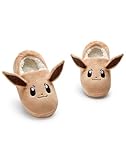 Pokemon Girls Slippers | Childrens Eevee Character Face Slip-On Loafer Slippers with 3D Ears | Kids Pocket Monsters Fur Lined House Shoes in Brown | Game TV Series Indoor Bedroom Footwear Merchandise