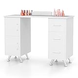 COSTWAY Manicure Table, Professional Nail Station Beauty Technician Desk with Wrist Rest, 3 Drawers and 2 Cabinets, 8 Metal Legs Art Spa Salon Workstation Nail Table (White)
