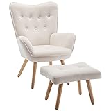 HollyHOME Armchair with Footstool Comfy Velvet Armchair Living Room Reading Chair Bedroom Accent Chairs Lounge Relax Arm Chair, Beige