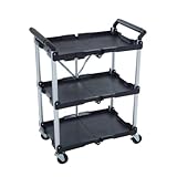 Azuma 3-Tier Folding Tool Trolley – Heavy Duty Metal Frame Service Cart with Wheels, Tool Grooves & Handles – Rolling Utility Storage Cart for Home, Office, Garage, Warehouse, Workshop Use