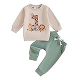 Carolilly Boys Toddler First Birthday Outfit Animal Print Long Sleeve Sweatshirt & Pants Set (Beige, 12-18 Months)