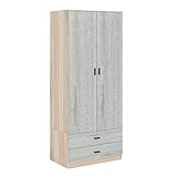 URBNLIVING Tall 2 Door Bedroom Wardrobe With 2 Drawers (Oak Carcass + Ash Grey Drawers)
